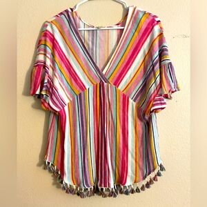 Kori‎ Colorful Striped V-Neck Blouse w/ Tassels Along Bottom size Small